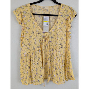 New Kingston Grey sz M Blouse bright yellow floral print ruffly ss 3982